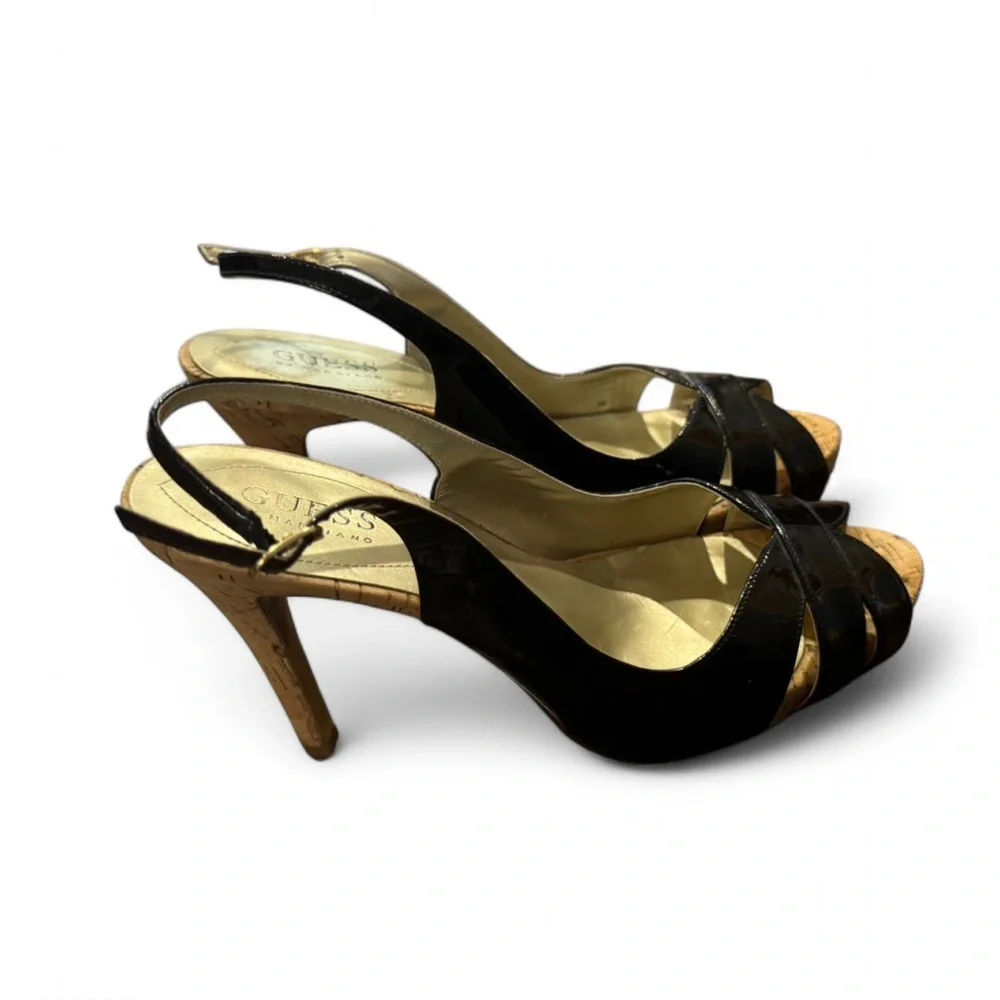 GUESS by Marciano Black Patent Cork Slingback Heels Size: 7.5
